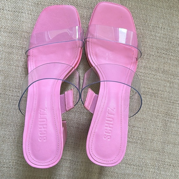 Schutz Ariella Pink Rosa PVC Block Heel Y2K Sandal Open Toe Clear Straps New - Picture 5 of 17